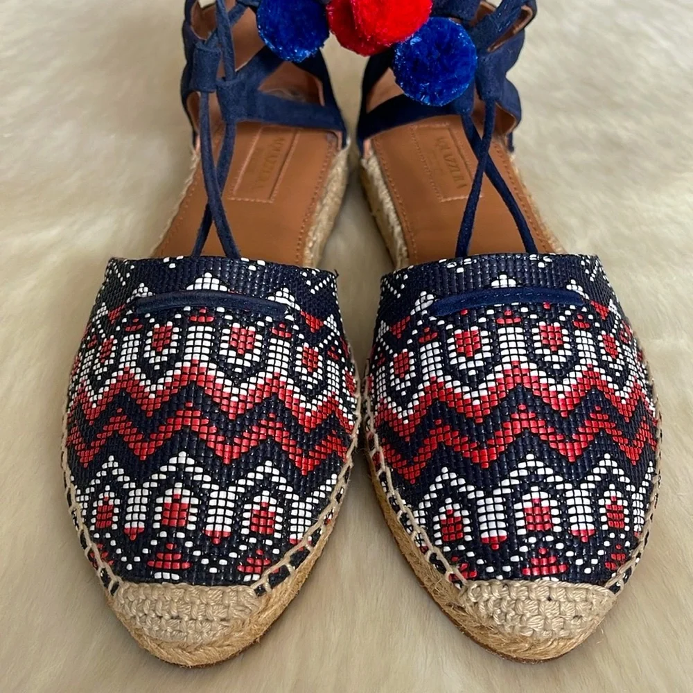 Aquazzura Firenze Belgravia Blue Suede Multicolored Textile Pom-Pom Espadrilles